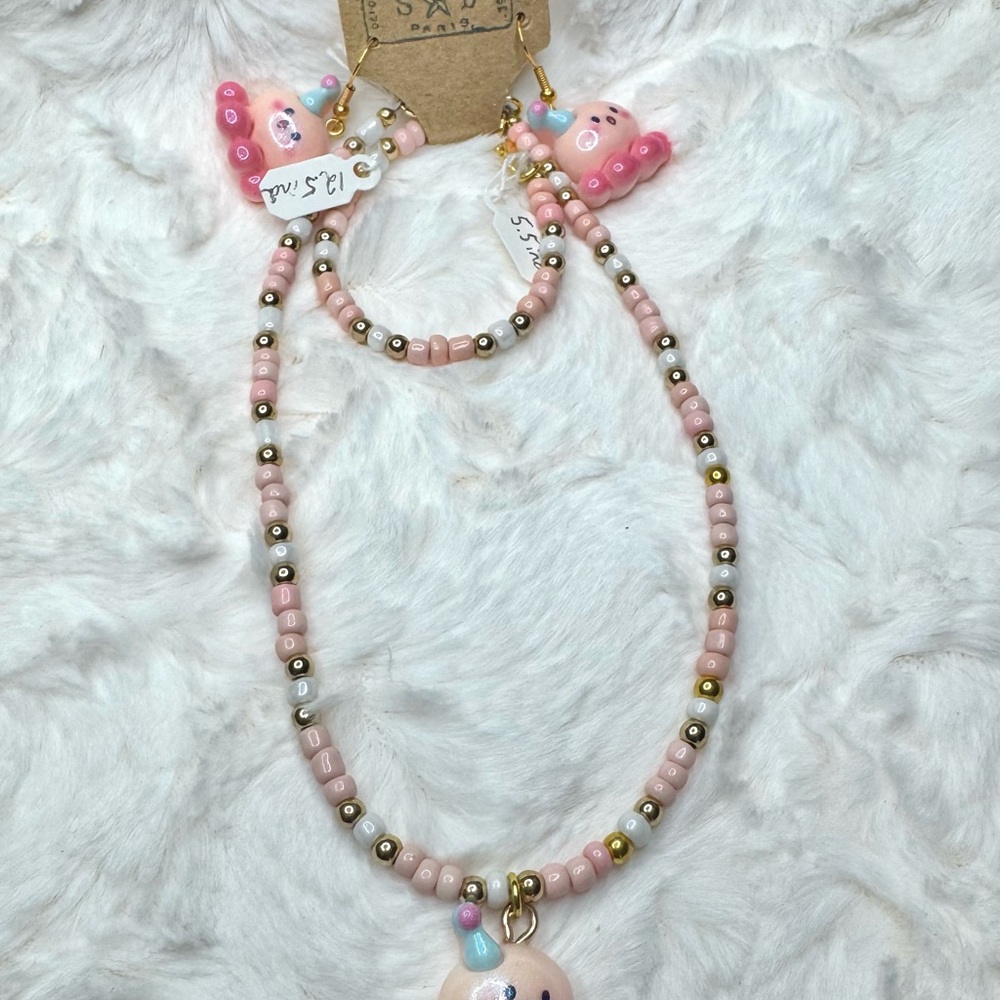 Pink Beaded Kids Necklace with Octopus, Bracelet and Earring Set